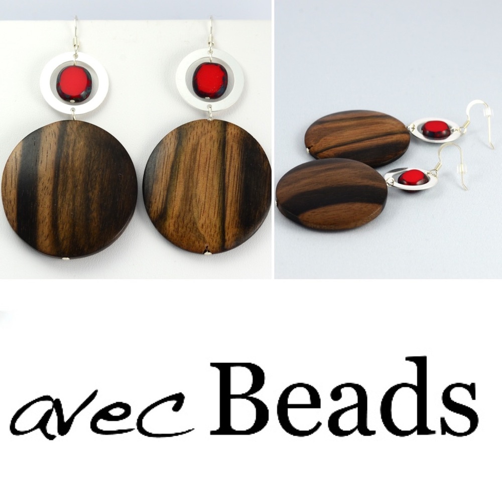 Sterling silver, coral and wood statement earrings